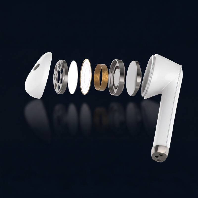 Westend G100 langattomat nappikuulokkeet – tuotekuva, exploded view ja komponentit